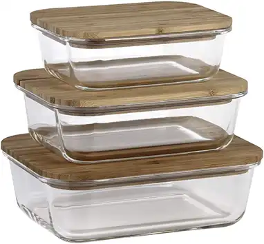 Pack de tuppers de vidrio borosilicato con tapa de bambú